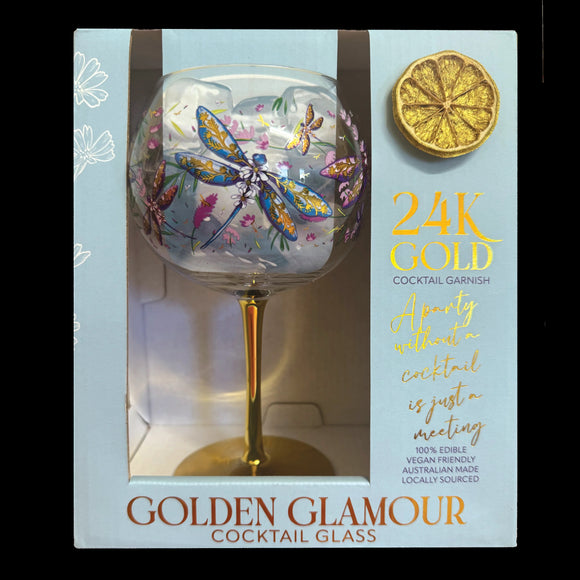 Golden Glamour Cocktail Glass - Lavender Dragonflies