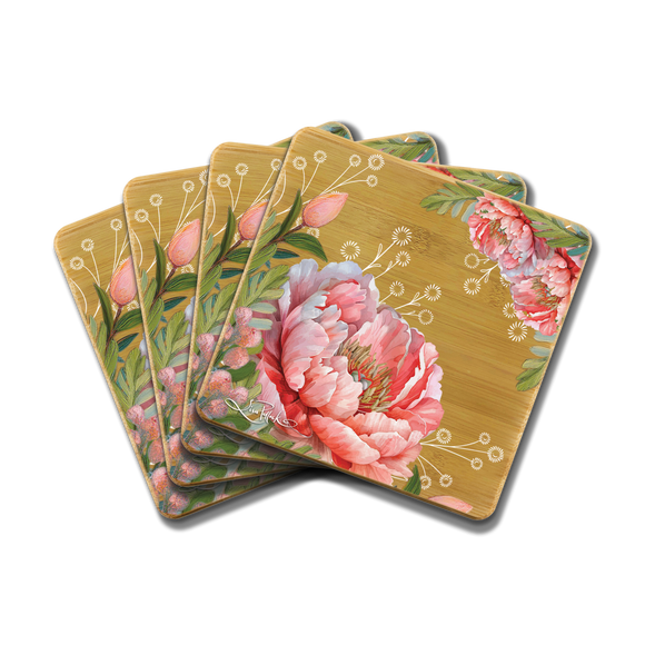 Coral Peony / Bamboo Coaster Set - Lisa Pollock