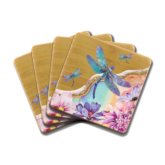 Delightful Dragonflies / Bamboo Coaster Set - Lisa Pollock