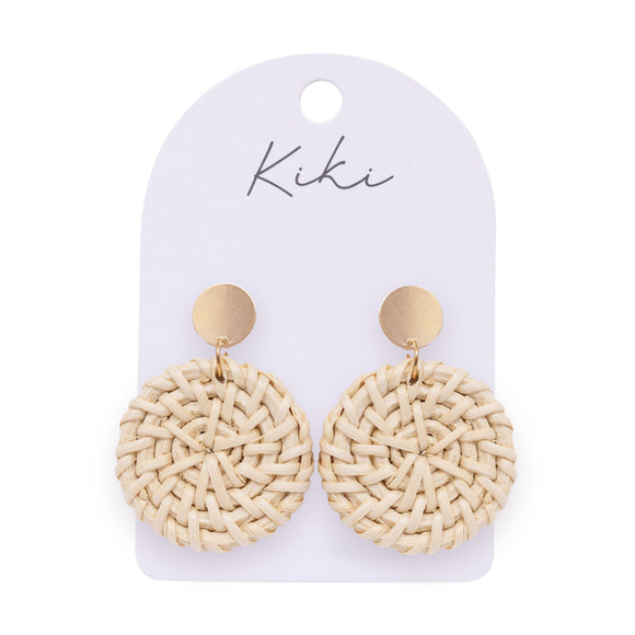 Round Cream Rattan Earrings - Kiki